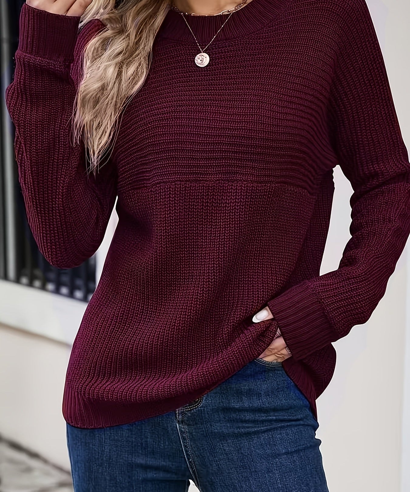 Cosy Oversized Crew Neck Knit Sweater with Side Slits