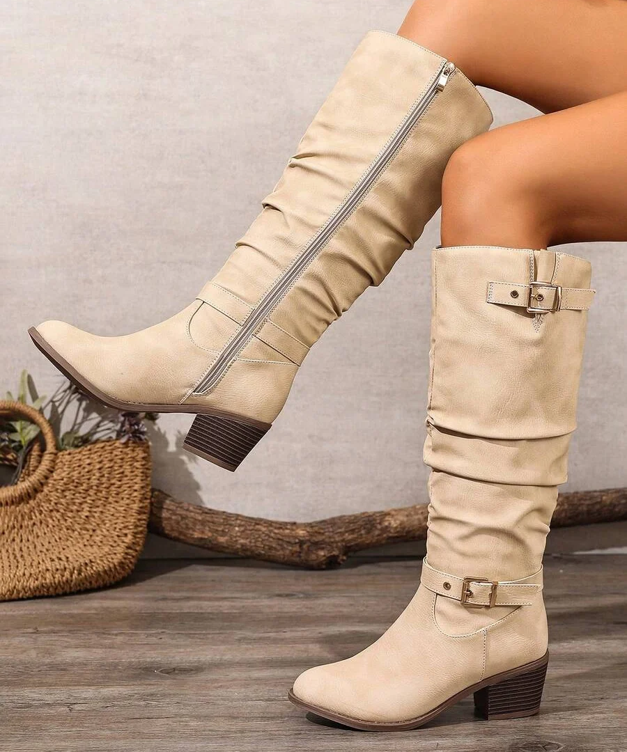Leather Knee High Boots with Double Buckle and Block Heel